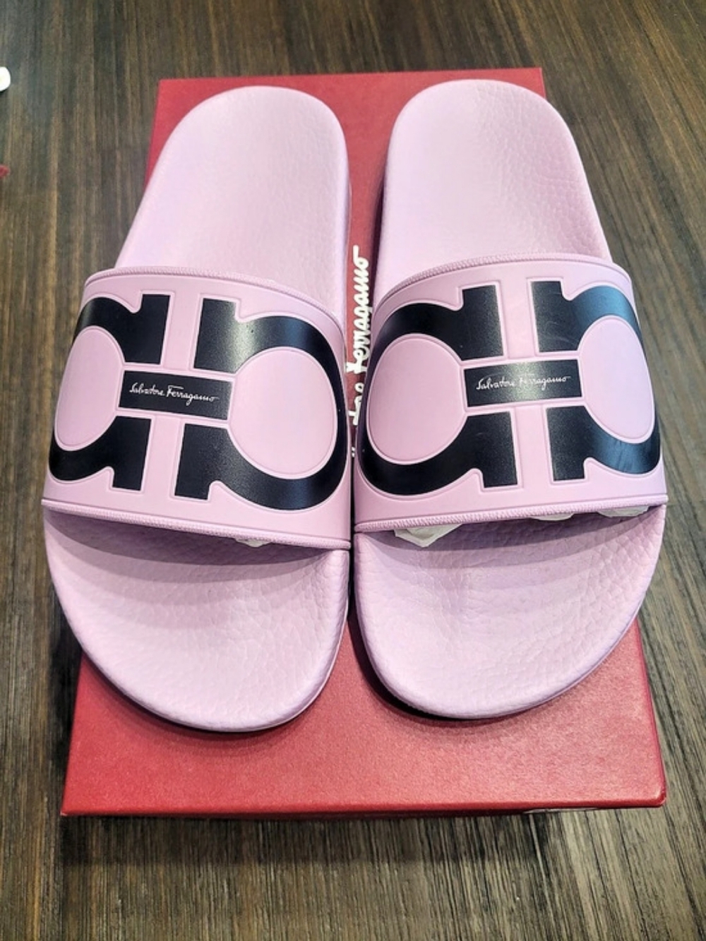 Salvatore Ferragamo Groovy Dual Gancini Slides Pink & Black US 8 M